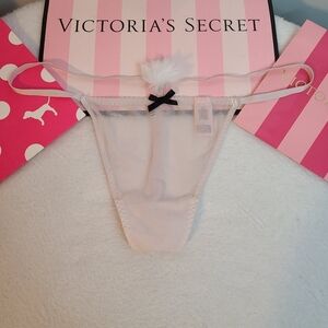 Victoria's Secret Sheer Mesh Fuzzy Pom V-string Thong Panty Size Lg
